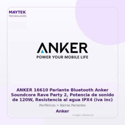 Anker 16610 Parlante Bluetooth Anker Soundcore Rave Party 2, Potencia De Sonido De 120w, Resistencia Al Agua IPX4