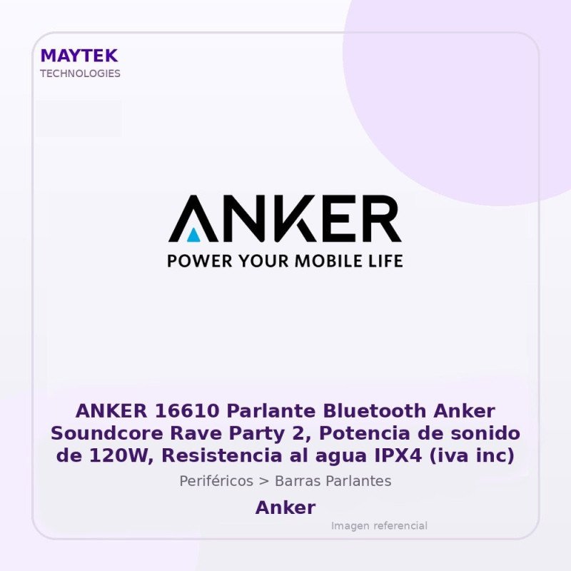 Anker 16610 Parlante Bluetooth Anker Soundcore Rave Party 2, Potencia De Sonido De 120w, Resistencia Al Agua IPX4