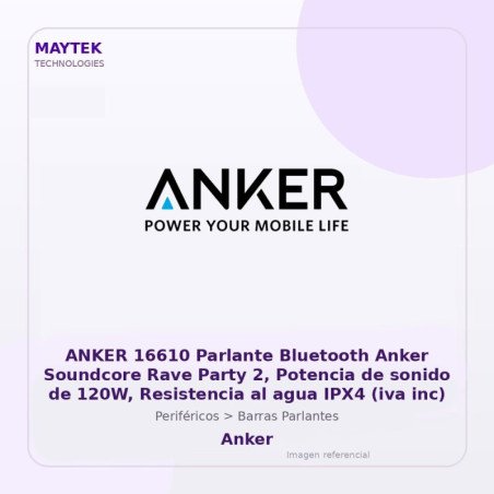 Anker 16610 Parlante Bluetooth Anker Soundcore Rave Party 2, Potencia De Sonido De 120w, Resistencia Al Agua IPX4