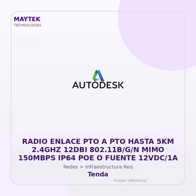 Tenda Radio Enlace PTO a PTO Hasta 5KM 2.4GHZ 12DBI 802.11B/G/N MIMO 150MBPS IP64 POE O Fuente 12VDC/1A