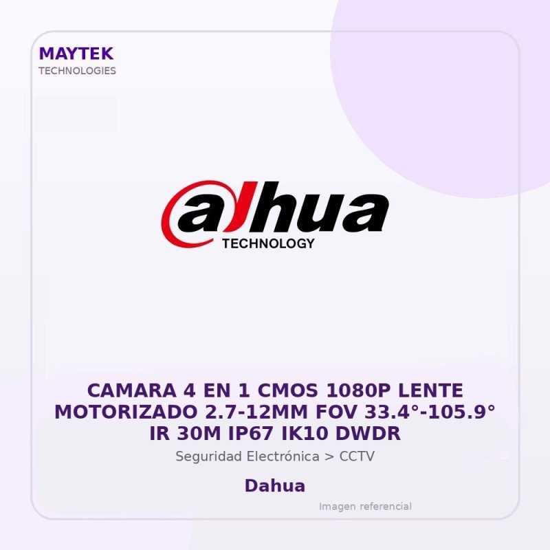 Dahua Camara 4 En 1 Cmos 1080P Lente Motorizado 2.7-12Mm Fov 33.4°-105.9° Ir 30M Ip67 Ik10 Dwdr