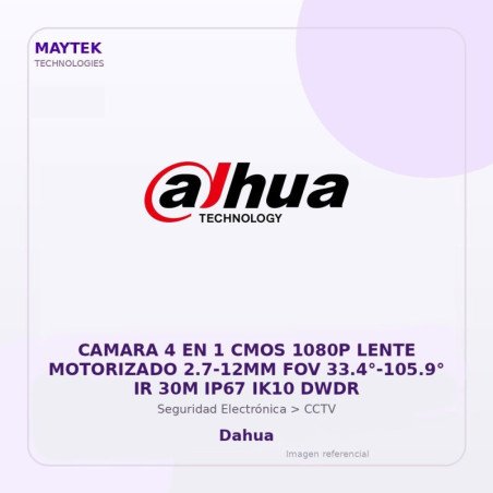 Dahua Camara 4 En 1 Cmos 1080P Lente Motorizado 2.7-12Mm Fov 33.4°-105.9° Ir 30M Ip67 Ik10 Dwdr