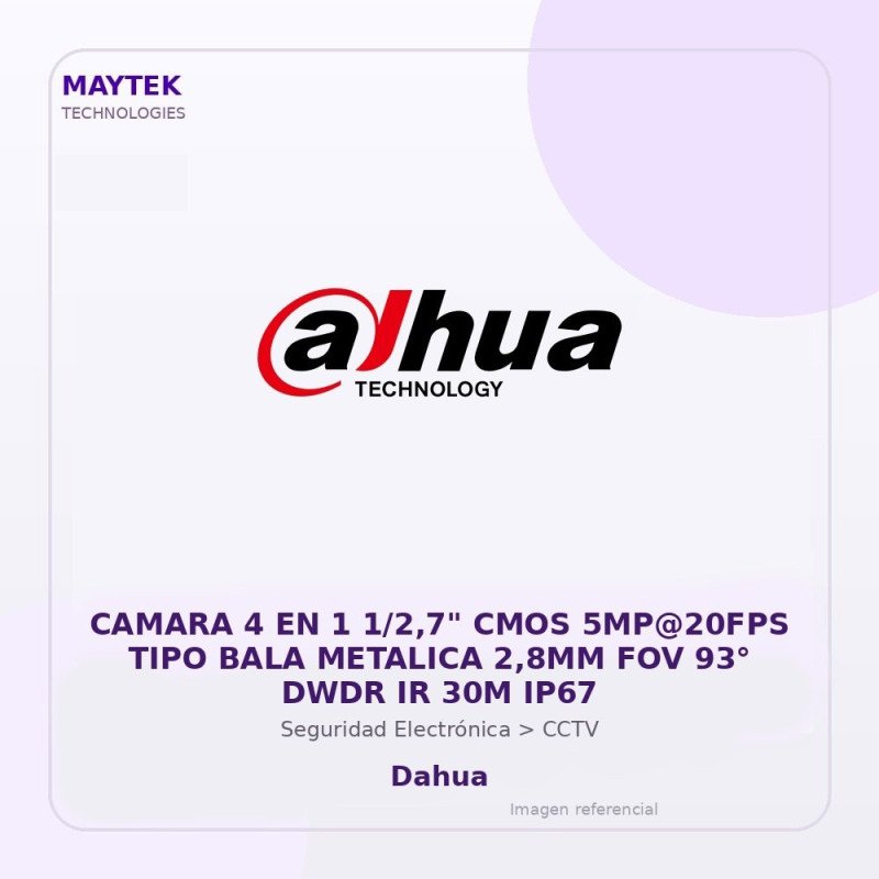 Dahua Camara 4 En 1 1/2,7" Cmos 5Mp@20Fps Tipo Bala Metalica 2,8Mm Fov 93° Dwdr Ir 30M Ip67