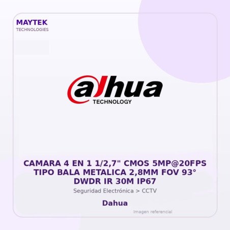 Dahua Camara 4 En 1 1/2,7" Cmos 5Mp@20Fps Tipo Bala Metalica 2,8Mm Fov 93° Dwdr Ir 30M Ip67
