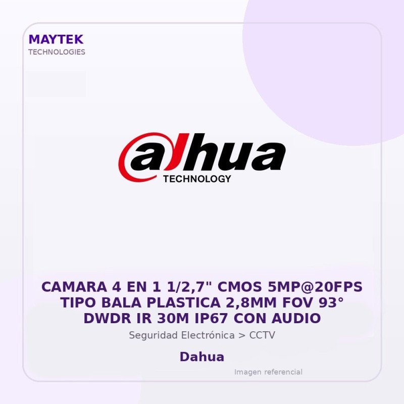 Dahua Camara 4 En 1 1/2,7" Cmos 5Mp@20Fps Tipo Bala Plastica 2,8Mm Fov 93° Dwdr Ir 30M Ip67 Con Audio