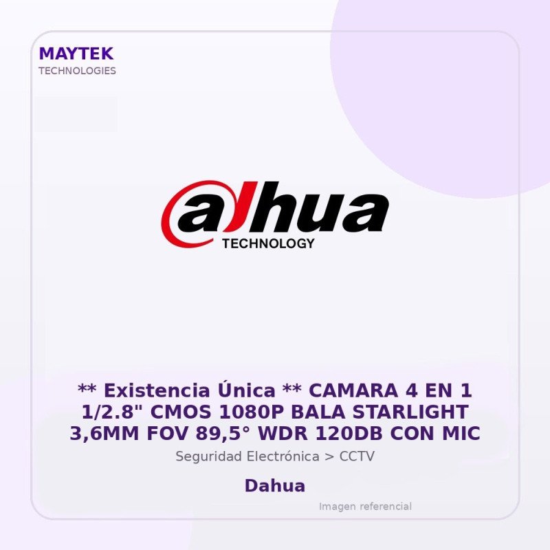 Dahua ** Existencia Única ** Camara 4 En 1 1/2.8" Cmos 1080P Bala Starlight 3,6Mm Fov 89,5° Wdr 120Db Con Mic