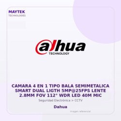 Dahua Camara 4 En 1 Tipo Bala Semimetalica Smart Dual Ligth 5Mp@25Fps Lente 2.8Mm Fov 112° Wdr Led 40M Mic