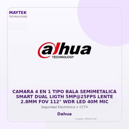 Dahua Camara 4 En 1 Tipo Bala Semimetalica Smart Dual Ligth 5Mp@25Fps Lente 2.8Mm Fov 112° Wdr Led 40M Mic