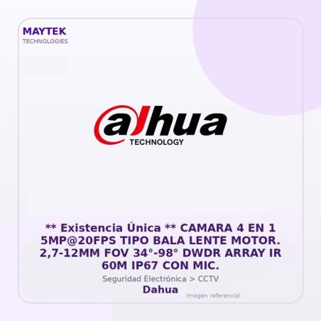 Dahua ** Existencia Única ** Camara 4 En 1 5Mp@20Fps Tipo Bala Lente Motor. 2,7-12Mm Fov 34°-98° Dwdr Array Ir 60M Ip67 Con Mic