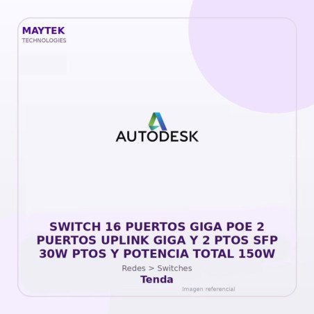 Tenda Switch 16 Puertos GIGA POE 2 Puertos Uplink GIGA y 2 PTOS SFP 30W PTOS y Potencia Total 150W