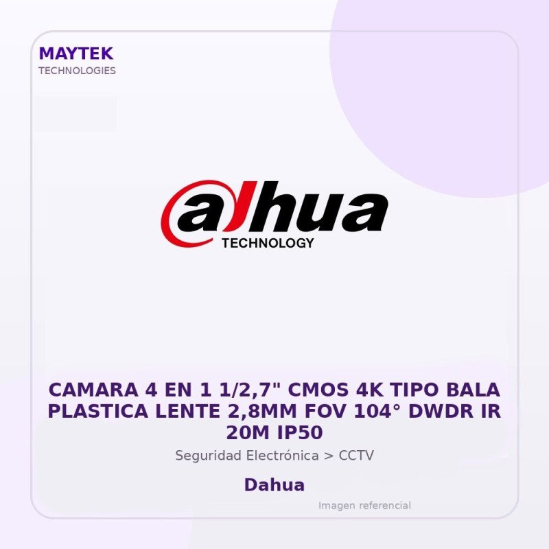 Dahua Camara 4 En 1 1/2,7" Cmos 4K Tipo Bala Plastica Lente 2,8Mm Fov 104° Dwdr Ir 20M Ip50