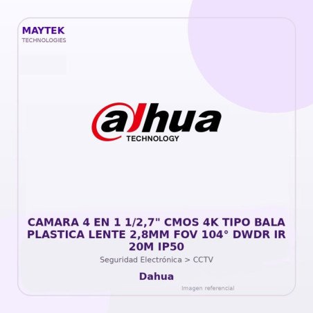 Dahua Camara 4 En 1 1/2,7" Cmos 4K Tipo Bala Plastica Lente 2,8Mm Fov 104° Dwdr Ir 20M Ip50