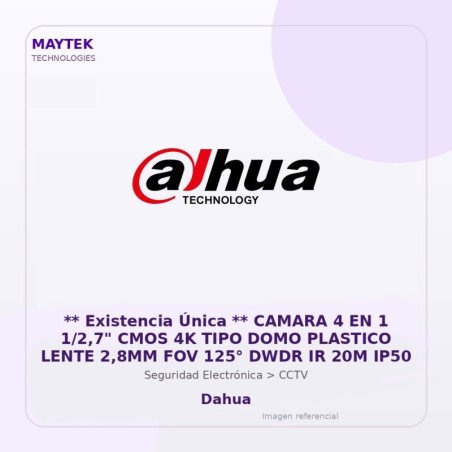 Dahua ** Existencia Única ** Camara 4 En 1 1/2,7" Cmos 4K Tipo Domo Plastico Lente 2,8Mm Fov 125° Dwdr Ir 20M Ip50