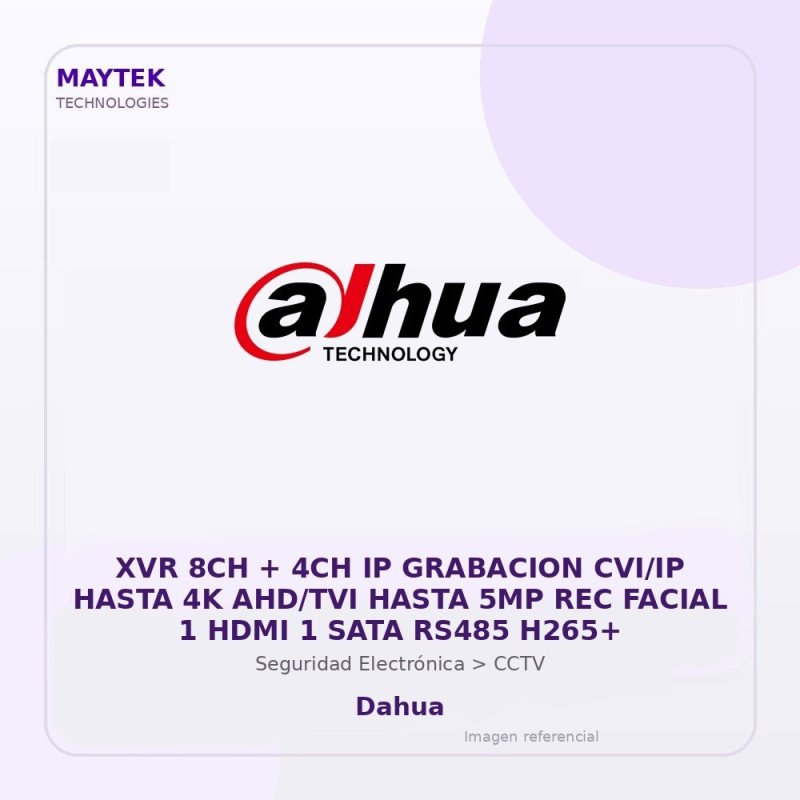 Dahua Xvr 8Ch + 4Ch Ip Grabacion Cvi/Ip Hasta 4K Ahd/Tvi Hasta 5Mp Rec Facial 1 HDMI 1 Sata Rs485 H265+