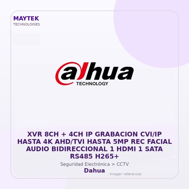 Dahua Xvr 8Ch + 4Ch Ip Grabacion Cvi/Ip Hasta 4K Ahd/Tvi Hasta 5Mp Rec Facial Audio Bidireccional 1 HDMI 1 Sata Rs485 H265+