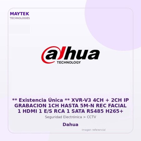 Dahua ** Existencia Única ** Xvr-V3 4Ch + 2Ch Ip Grabacion 1Ch Hasta 5M-N Rec Facial 1 HDMI 1 E/S Rca 1 Sata Rs485 H265+
