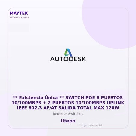Utepo Switch POE 8 Puertos 10/100MBPS + 2 Puertos 10/100MBPS Uplink IEEE 802.3 AF/AT Salida Total MAX 120W