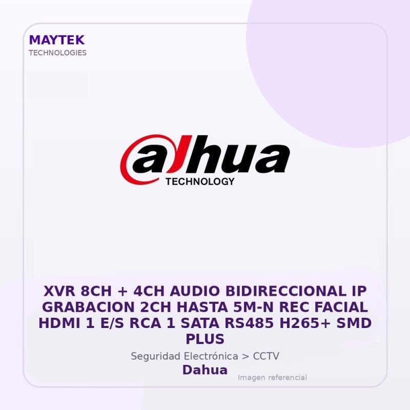 Dahua Xvr 8Ch + 4Ch Audio Bidireccional Ip Grabacion 2Ch Hasta 5M-N Rec Facial HDMI 1 E/S Rca 1 Sata Rs485 H265+ Smd Plus