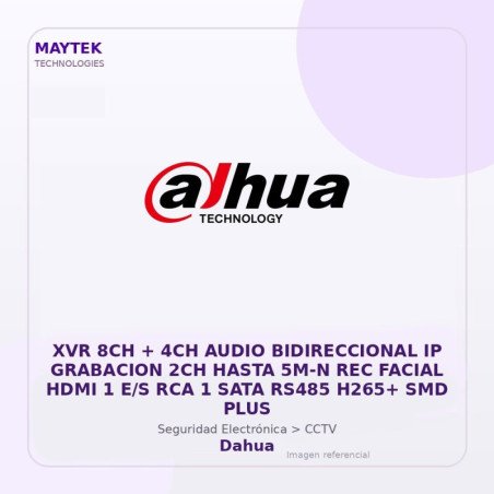 Dahua Xvr 8Ch + 4Ch Audio Bidireccional Ip Grabacion 2Ch Hasta 5M-N Rec Facial HDMI 1 E/S Rca 1 Sata Rs485 H265+ Smd Plus