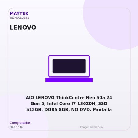 AIO LENOVO ThinkCentre Neo 50a 24 Gen 5, Intel Core I7 13620H, SSD 512GB, DDR5 8GB, NO DVD, Pantalla 23.8" FHD IPS, Linux, Negro