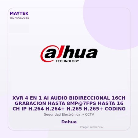 Dahua Xvr 4 En 1 Ai Audio Bidireccional 16Ch Grabación Hasta 8Mp@7Fps Hasta 16 Ch Ip H.264 H.264+ H.265 H.265+ Coding