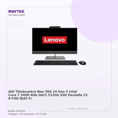 Lenovo AIO Thinkcentre NEO 50A 24 GEN 5 | Intel CORE 7 240H | 8GB DDR5 | 512GB SSD | Pantalla 23,8" FHD | RJ45 | Freedos | LUNA