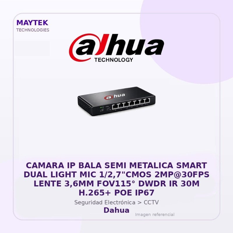 Dahua Camara Ip Bala Semi Metalica Smart Dual Light Mic 1/2,7"Cmos 2Mp@30Fps Lente 3,6Mm Fov115° Dwdr Ir 30M H.265+ POE Ip67