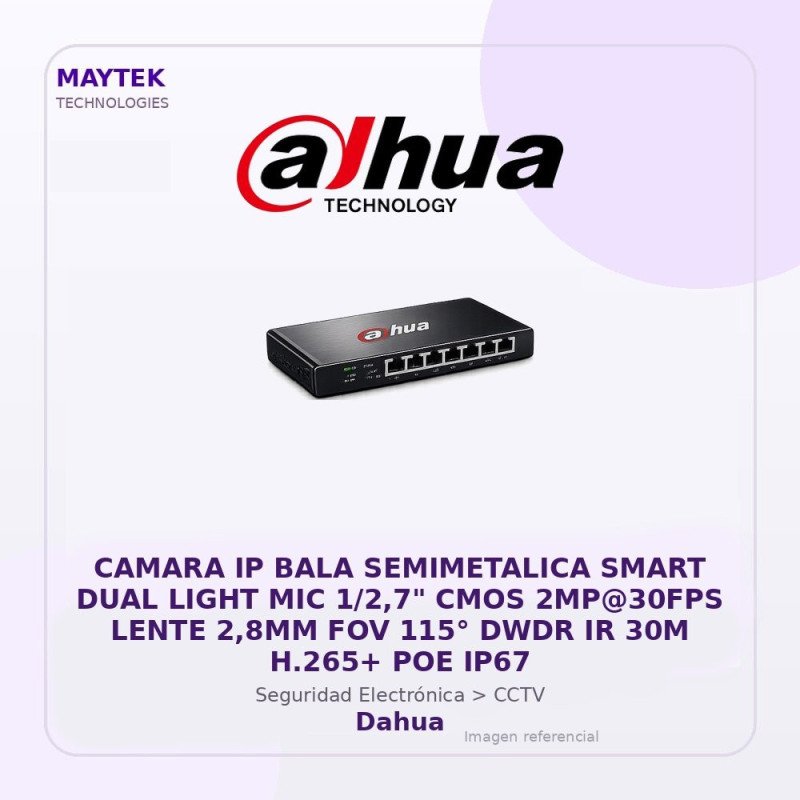 Dahua Camara Ip Bala Semimetalica Smart Dual Light Mic 1/2,7" Cmos 2Mp@30Fps Lente 2,8Mm Fov 115° Dwdr Ir 30M H.265+ POE Ip67