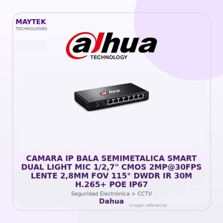 Dahua Camara Ip Bala Semimetalica Smart Dual Light Mic 1/2,7" Cmos 2Mp@30Fps Lente 2,8Mm Fov 115° Dwdr Ir 30M H.265+ POE Ip67