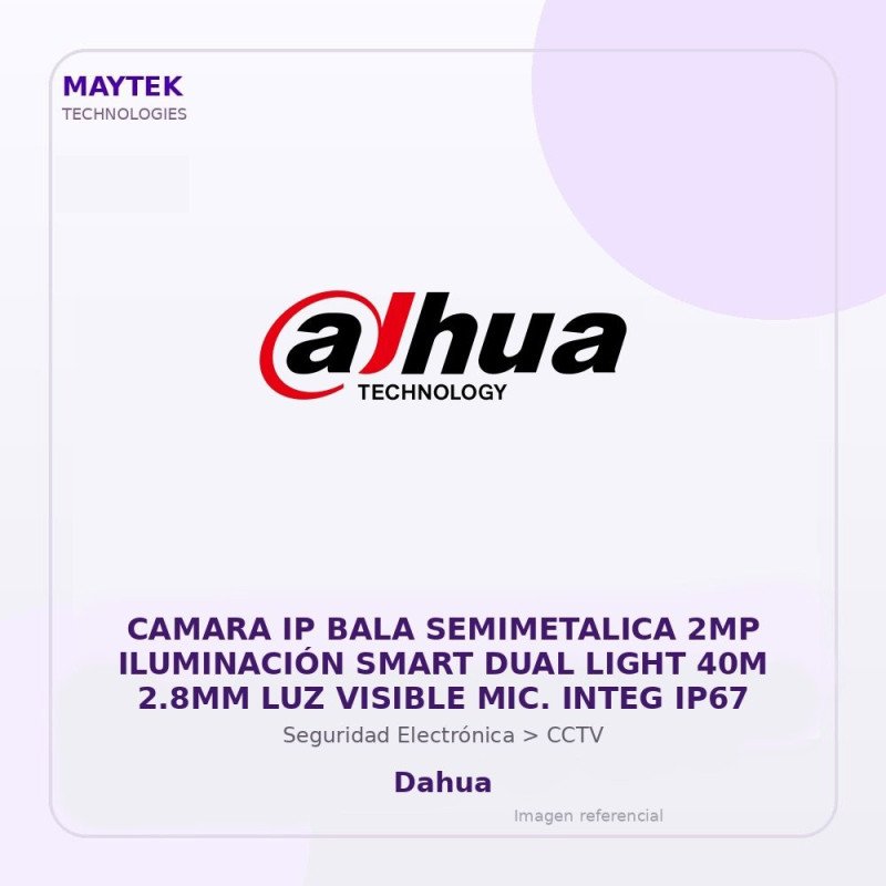 Dahua Camara Ip Bala Semimetalica 2Mp Iluminación Smart Dual Light 40M 2.8Mm Luz Visible Mic. Integ Ip67