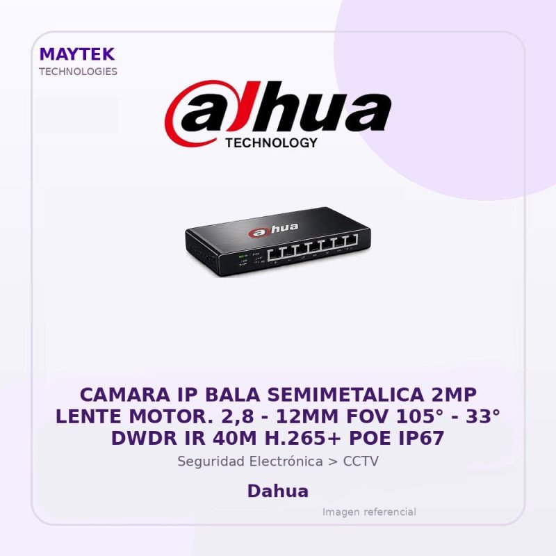 Dahua Camara Ip Bala Semimetalica 2Mp Lente Motor. 2,8 - 12Mm Fov 105° - 33° Dwdr Ir 40M H.265+ POE Ip67