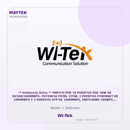 Wi-Tek Switch POE 24 Puertos POE 30W de 10/100/1000MBPS, Potencia Total 235W, 2 Puertos Ethernet de 1000MBPS y 2 Puertos SFP de