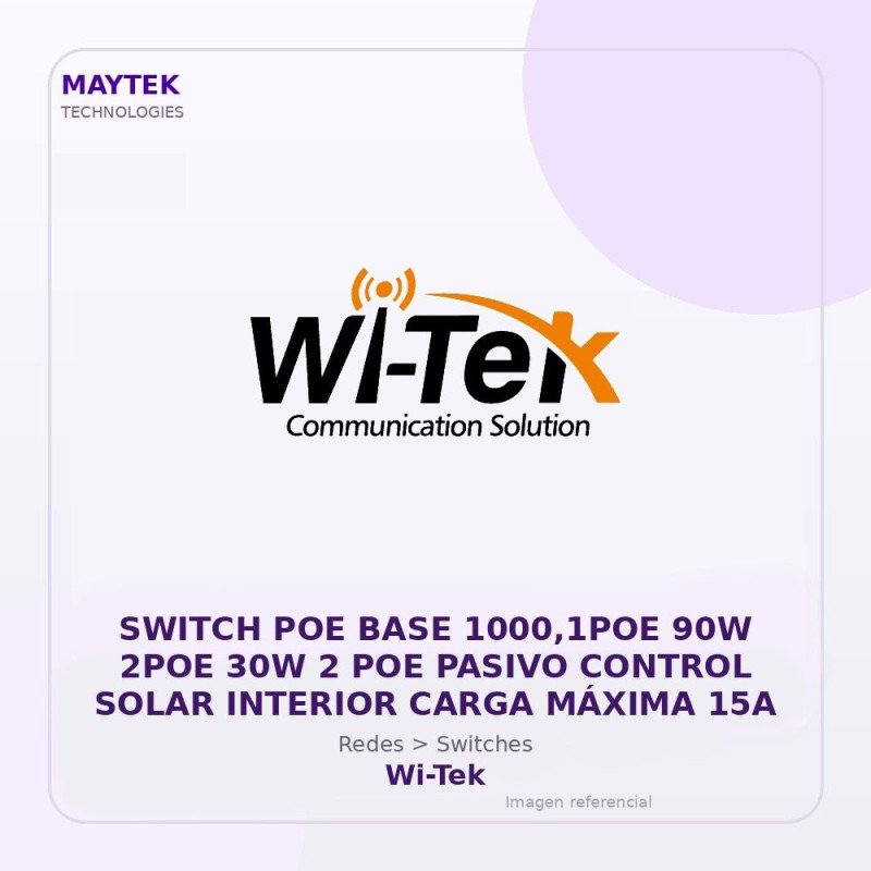 Wi-Tek Switch POE BASE 1000,1POE 90W 2POE 30W 2 POE Pasivo Control Solar Interior Carga Máxima 15A