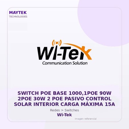Wi-Tek Switch POE BASE 1000,1POE 90W 2POE 30W 2 POE Pasivo Control Solar Interior Carga Máxima 15A