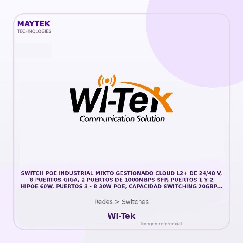 Wi-Tek Switch POE Industrial Mixto Gestionado Cloud L2+ de 24/48 V, 8 Puertos GIGA, 2 Puertos de 1000MBPS SFP, Puertos 1 y 2