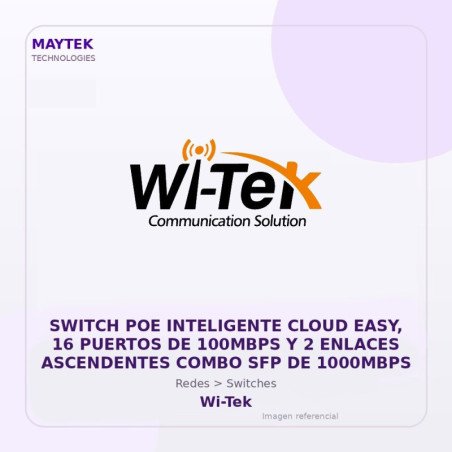 Wi-Tek Switch POE Inteligente Cloud EASY, 16 Puertos de 100MBPS y 2 Enlaces Ascendentes Combo SFP de 1000MBPS