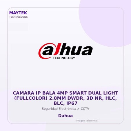 Dahua Camara Ip Bala 4Mp Smart Dual Light (Fullcolor) 2.8Mm Dwdr, 3D Nr, Hlc, Blc, Ip67