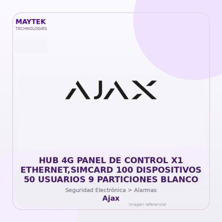 Ajax HUB 4G Panel de Control X1 Ethernet,simcard 100 Dispositivos 50 Usuarios 9 Particiones Blanco