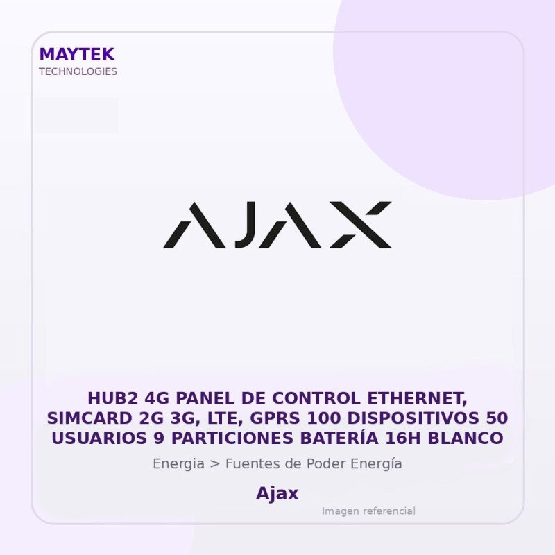 Ajax HUB2 4G Panel de Control Ethernet, Simcard 2G 3G, LTE, GPRS 100 Dispositivos 50 Usuarios 9 Particiones Batería 16H Blanco