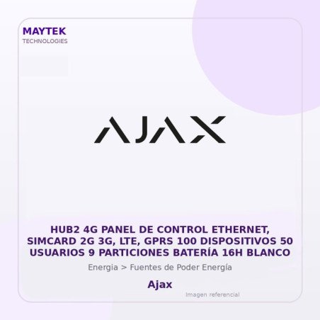 Ajax HUB2 4G Panel de Control Ethernet, Simcard 2G 3G, LTE, GPRS 100 Dispositivos 50 Usuarios 9 Particiones Batería 16H Blanco