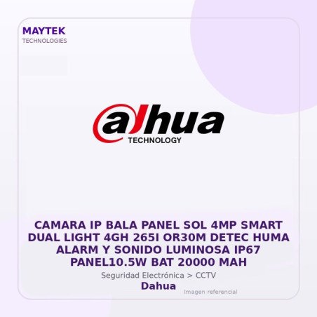 Dahua Camara Ip Bala Panel Sol 4Mp Smart Dual Light 4Gh 265I Or30M Detec Huma Alarm Y Sonido Luminosa Ip67 Panel10.5W Bat 20000