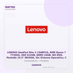 Lenovo Ideapad Slim 3 15arp10, AMD Ryzen 7 7735hs, SSD 512gb, DDR5 24gb, NO DVD, Pantalla 15.3" Wuxga, Sin Sistema Operativo