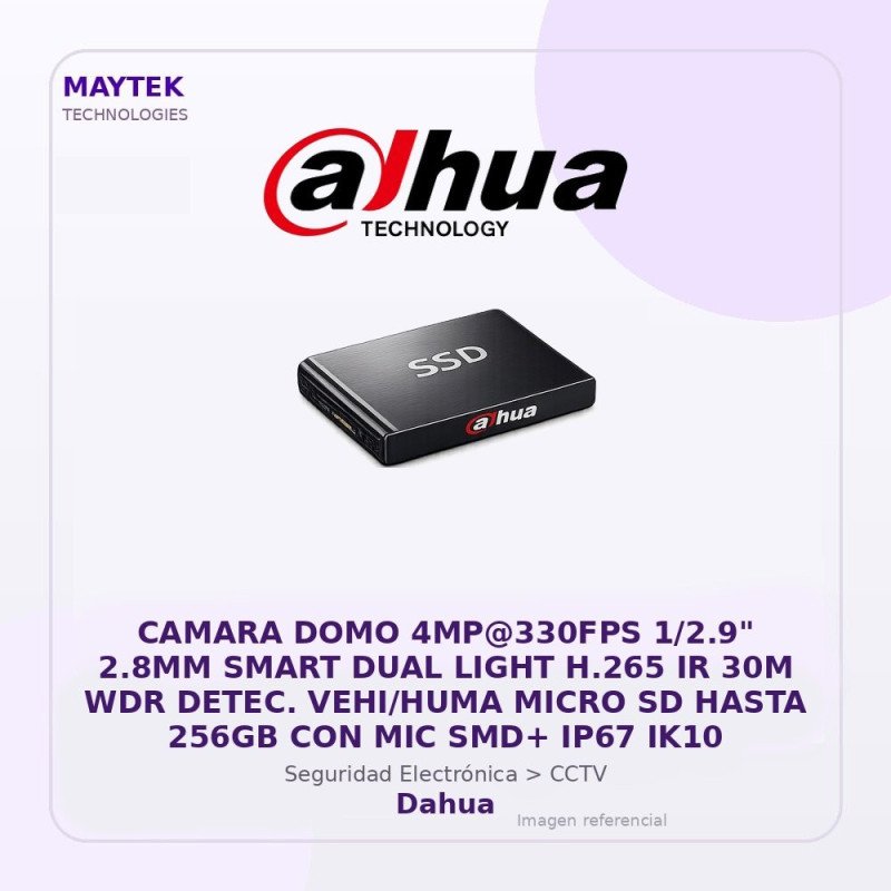 Dahua Camara Domo 4Mp@330Fps 1/2.9" 2.8Mm Smart Dual Light H.265 Ir 30M Wdr Detec. Vehi/Huma Micro Sd Hasta 256Gb Con Mic Smd+