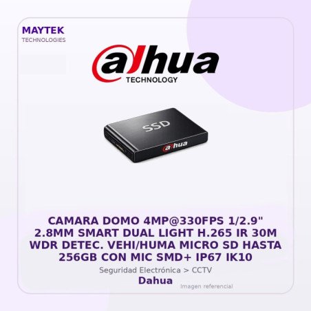 Dahua Camara Domo 4Mp@330Fps 1/2.9" 2.8Mm Smart Dual Light H.265 Ir 30M Wdr Detec. Vehi/Huma Micro Sd Hasta 256Gb Con Mic Smd+
