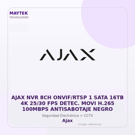 Gvs Security Ajax Nvr 8Ch Onvif/Rtsp 1 Sata 16Tb 4K 25/30 Fps Detec. Movi H.265 100Mbps Antisabotaje Negro