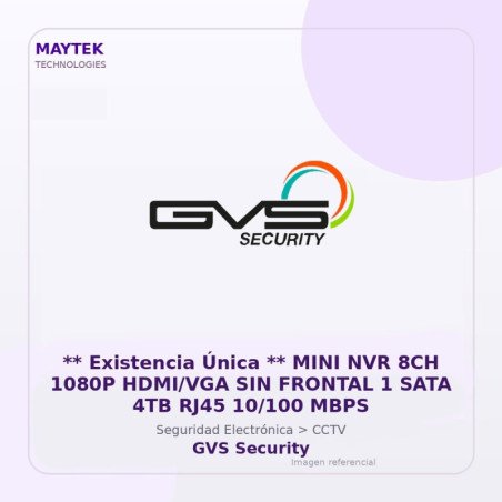 Gvs Security ** Existencia Única ** Mini Nvr 8Ch 1080P HDMI/Vga Sin Frontal 1 Sata 4Tb Rj45 10/100 Mbps