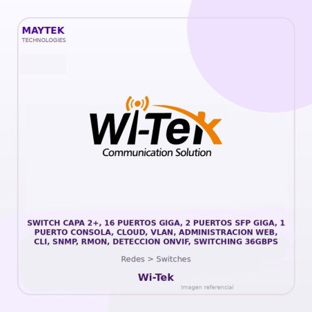Wi-Tek Switch Capa 2+, 16 Puertos Giga, 2 Puertos Sfp Giga, 1 Puerto Consola, Cloud, Vlan, Administracion Web, Cli, Snmp, Rmon