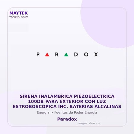 Paradox Sirena Inalambrica Piezoelectrica 100DB para Exterior con LUZ Estroboscopica INC. Baterias Alcalinas