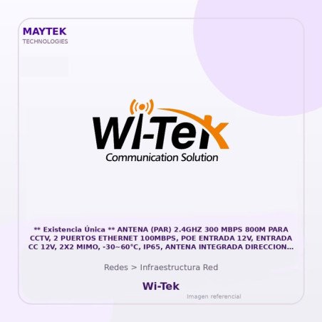 Wi-Tek ** Existencia Única ** Antena (Par) 2.4Ghz 300 Mbps 800M Para Cctv, 2 Puertos Ethernet 100Mbps, POE Entrada 12V, Entrada