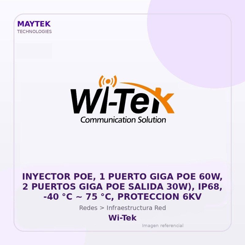 Wi-Tek Inyector POE, 1 Puerto Giga POE 60W, 2 Puertos Giga POE Salida 30W), Ip68, -40 °C ~ 75 °C, Proteccion 6Kv